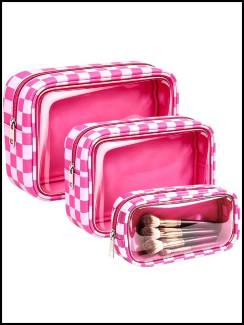 3-Piece Clear Makeup Bag Set Waterproof Checkered Travel Toiletry Pouch